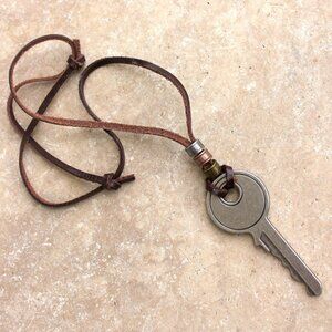 Leather Strap Mens Oversized Key Necklace Tritone Metal Accent Beads